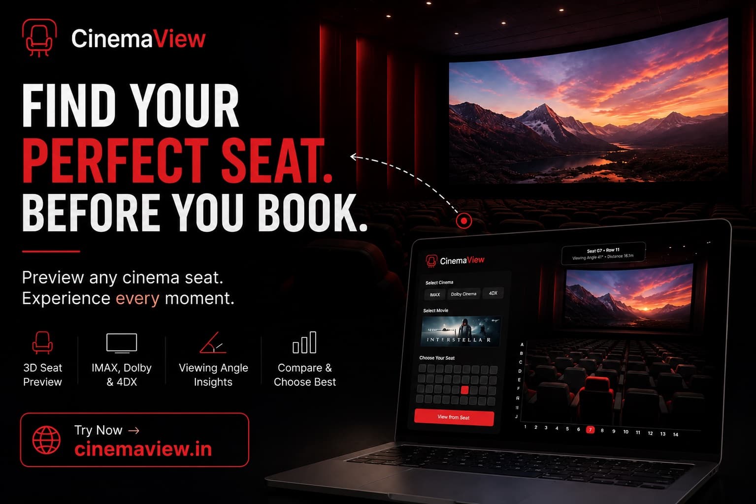 CinemaView's seat simulator open on a laptop, showing the view from a chosen seat