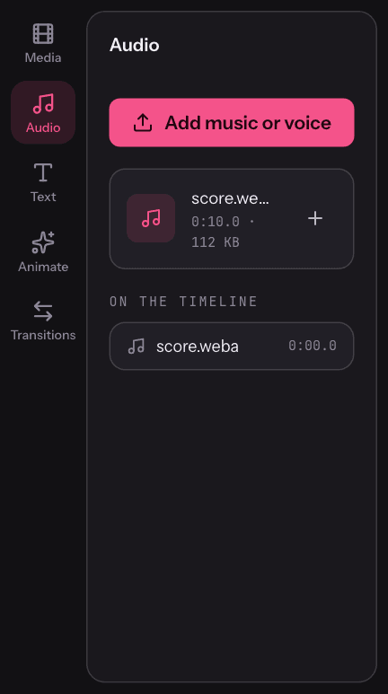 Audio panel with a music track, its level and fade controls