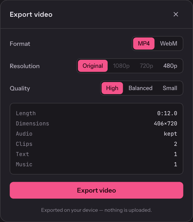 Export panel showing MP4 and WebM, resolution and quality choices, and the output summary